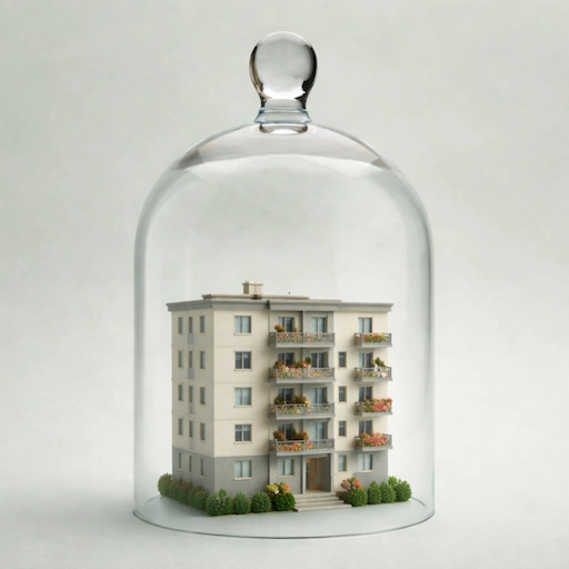 Un petit immeuble protégé sous une cloche de verre