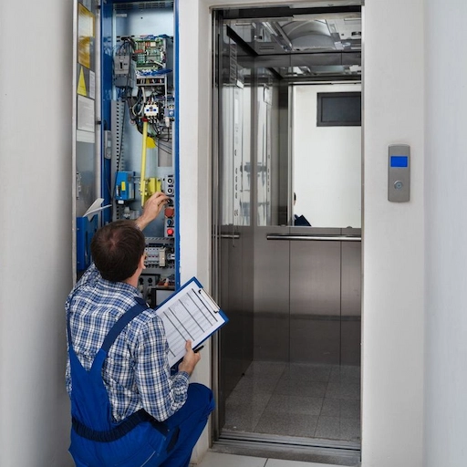 Un technicien de maintenance ascenseur au travail dans une copropriété
